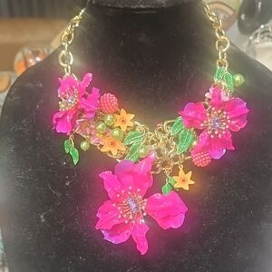 Betsey Johnson Pink Floral Necklace with Green and Gold Accents